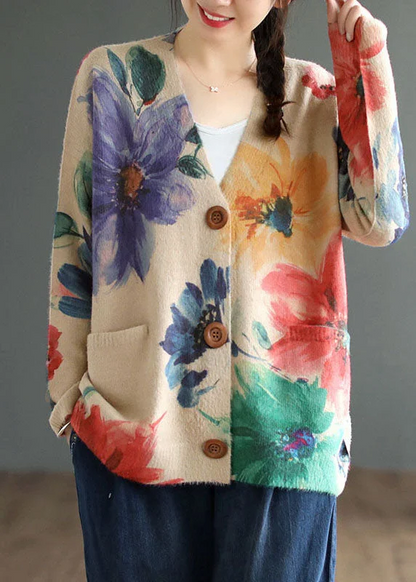 Loose V-Neck Printed Knit Button Cardigan Sweater Jacket