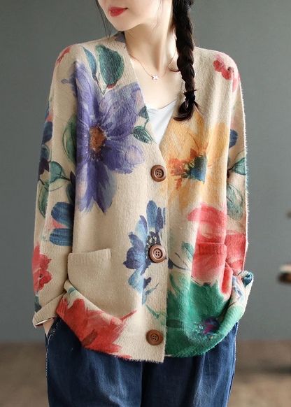 Loose V-Neck Printed Knit Button Cardigan Sweater Jacket