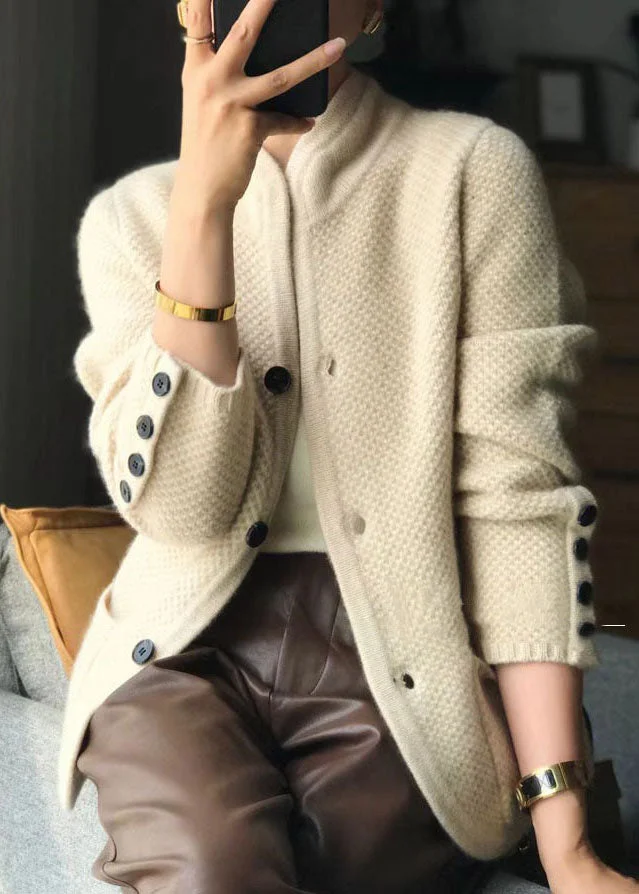 Fashion Casual Standing Collar Slim Button Pocket Cashmere Cardigan Sweater