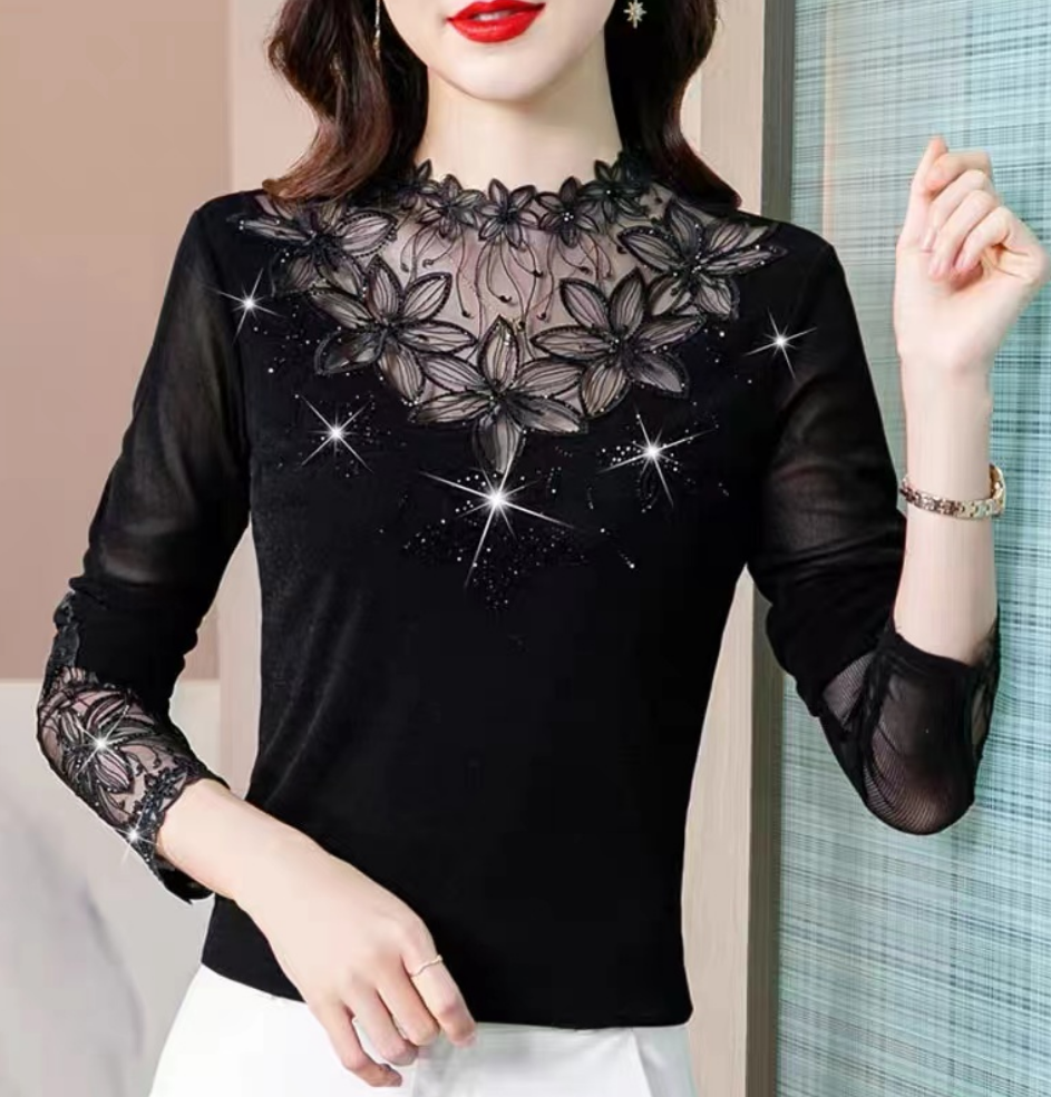 French Embroidered Floral Patchwork Long Sleeve Shirt