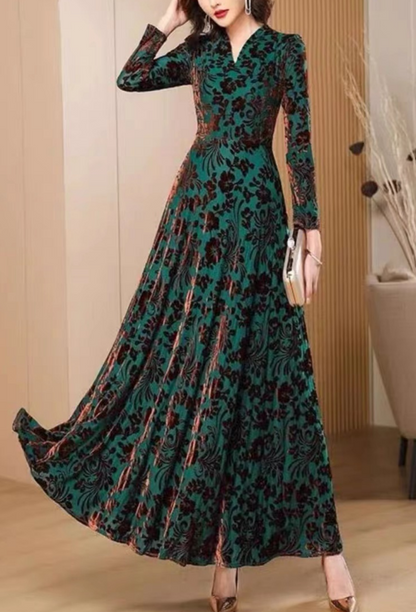 Chic Green V-Neck Printed Slim Party Extra Long Dress