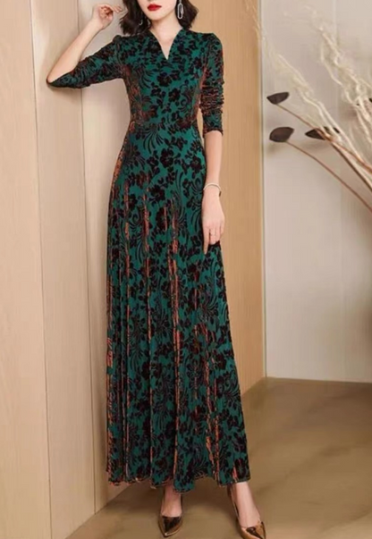 Chic Green V-Neck Printed Slim Party Extra Long Dress