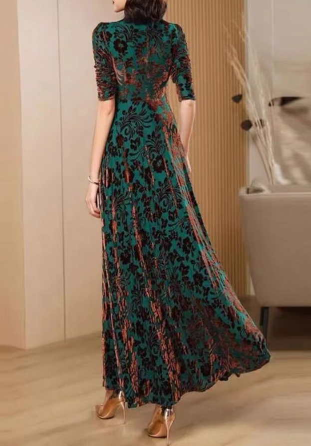 Chic Green V-Neck Printed Slim Party Extra Long Dress