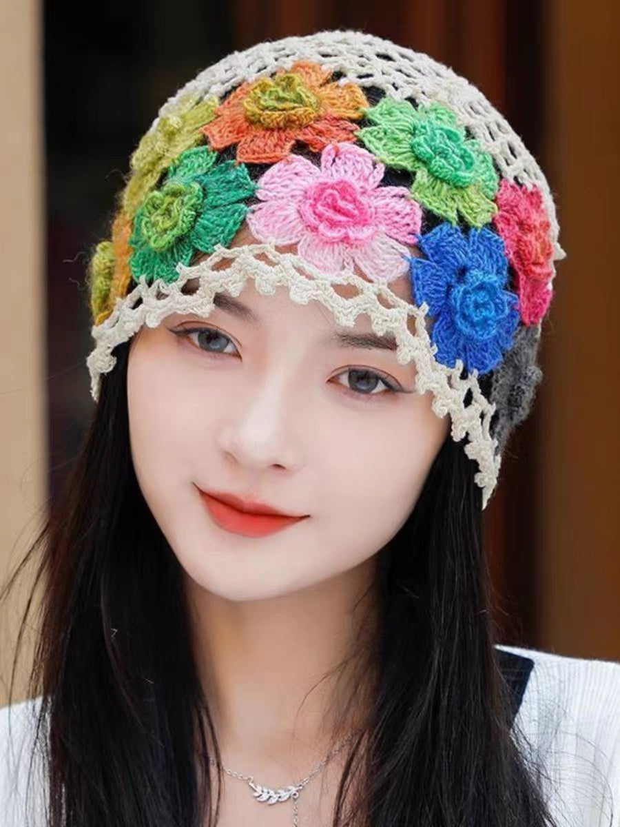 Embroidered Flower Colorful Cutout Knit Hat