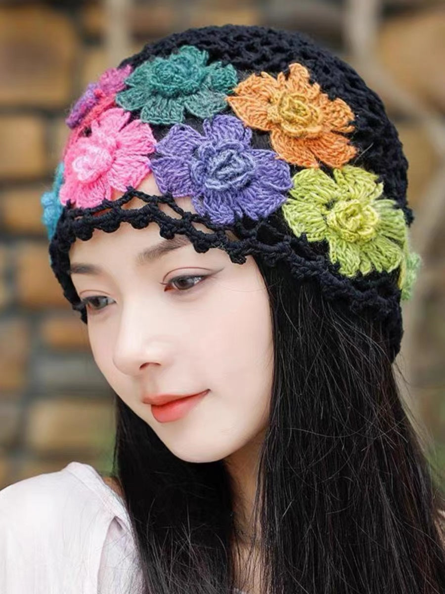 Embroidered Flower Colorful Cutout Knit Hat