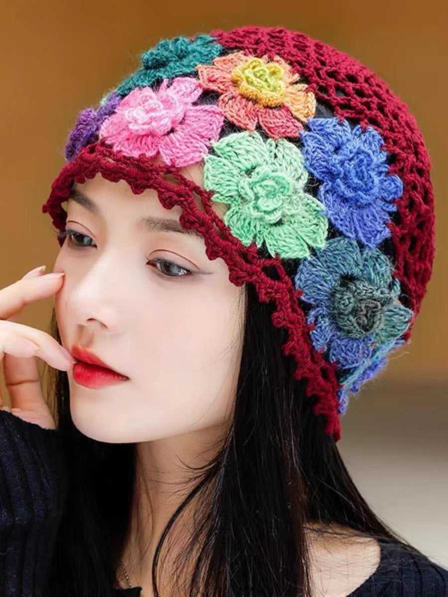 Embroidered Flower Colorful Cutout Knit Hat