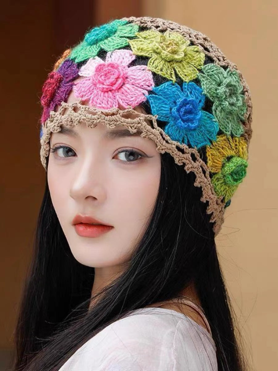 Embroidered Flower Colorful Cutout Knit Hat