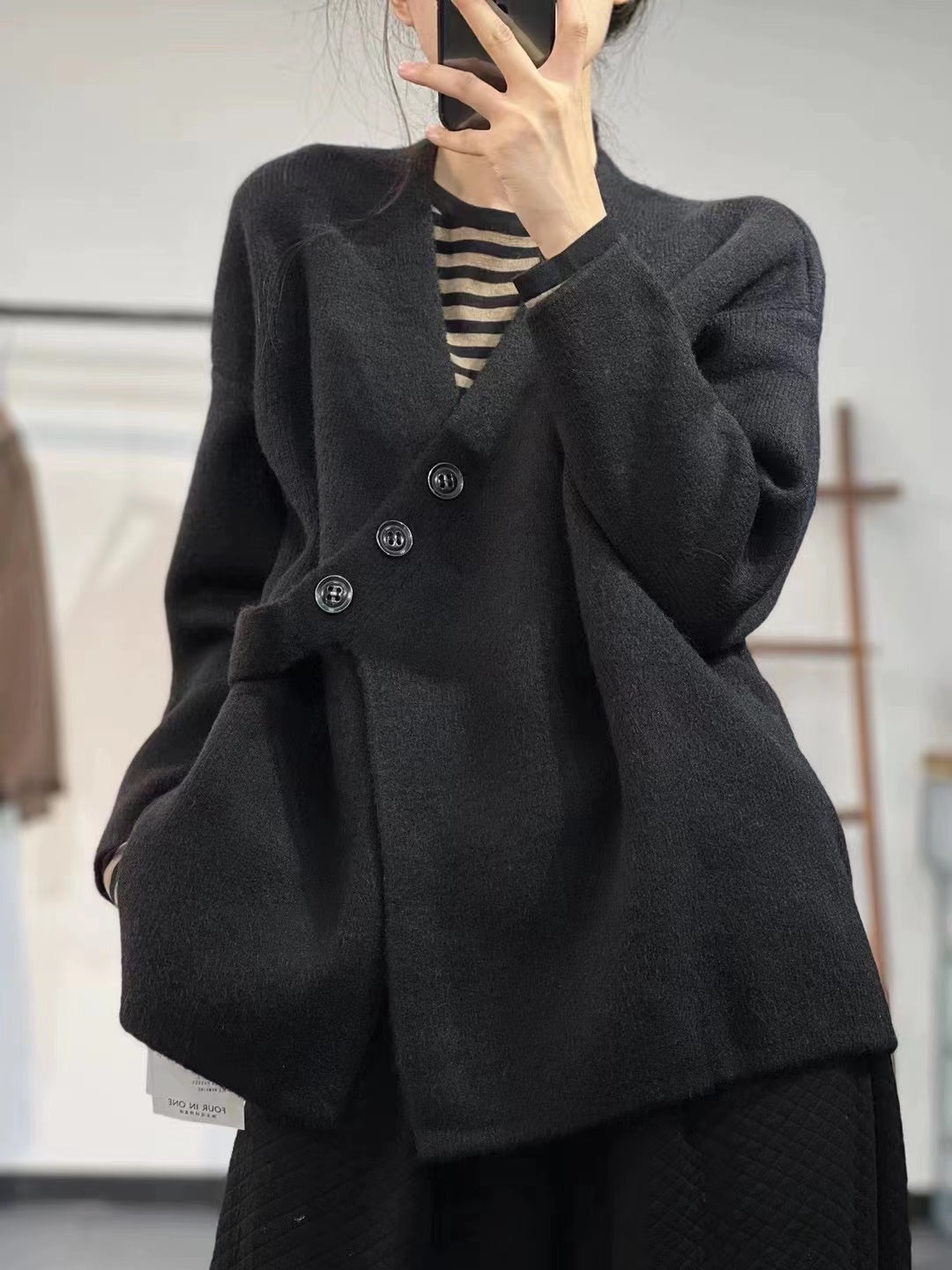 Loose Chocolate Color Asymmetric Thick Cashmere Buttoned Long Sleeve Sweater