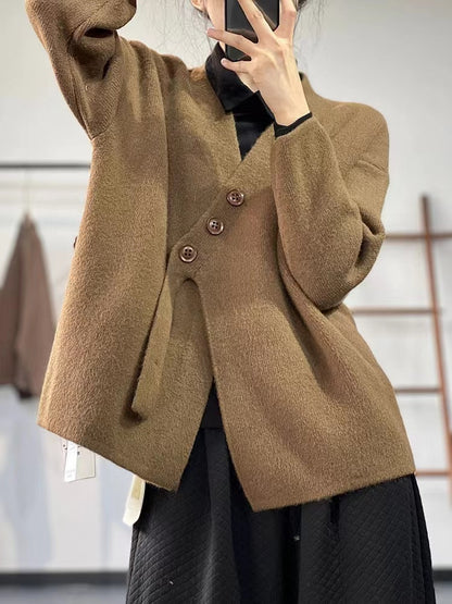 Loose Chocolate Color Asymmetric Thick Cashmere Buttoned Long Sleeve Sweater