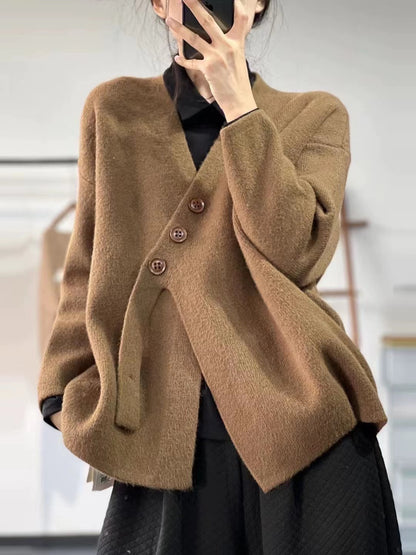 Loose Chocolate Color Asymmetric Thick Cashmere Buttoned Long Sleeve Sweater