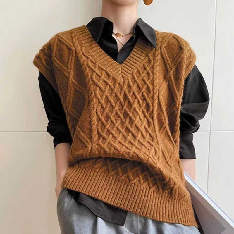 Italy Brown V-Neck Chunky Geometric Knit Vest