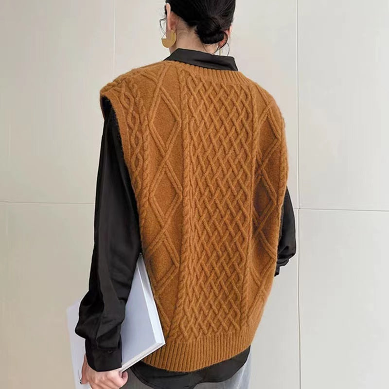 Italy Brown V-Neck Chunky Geometric Knit Vest