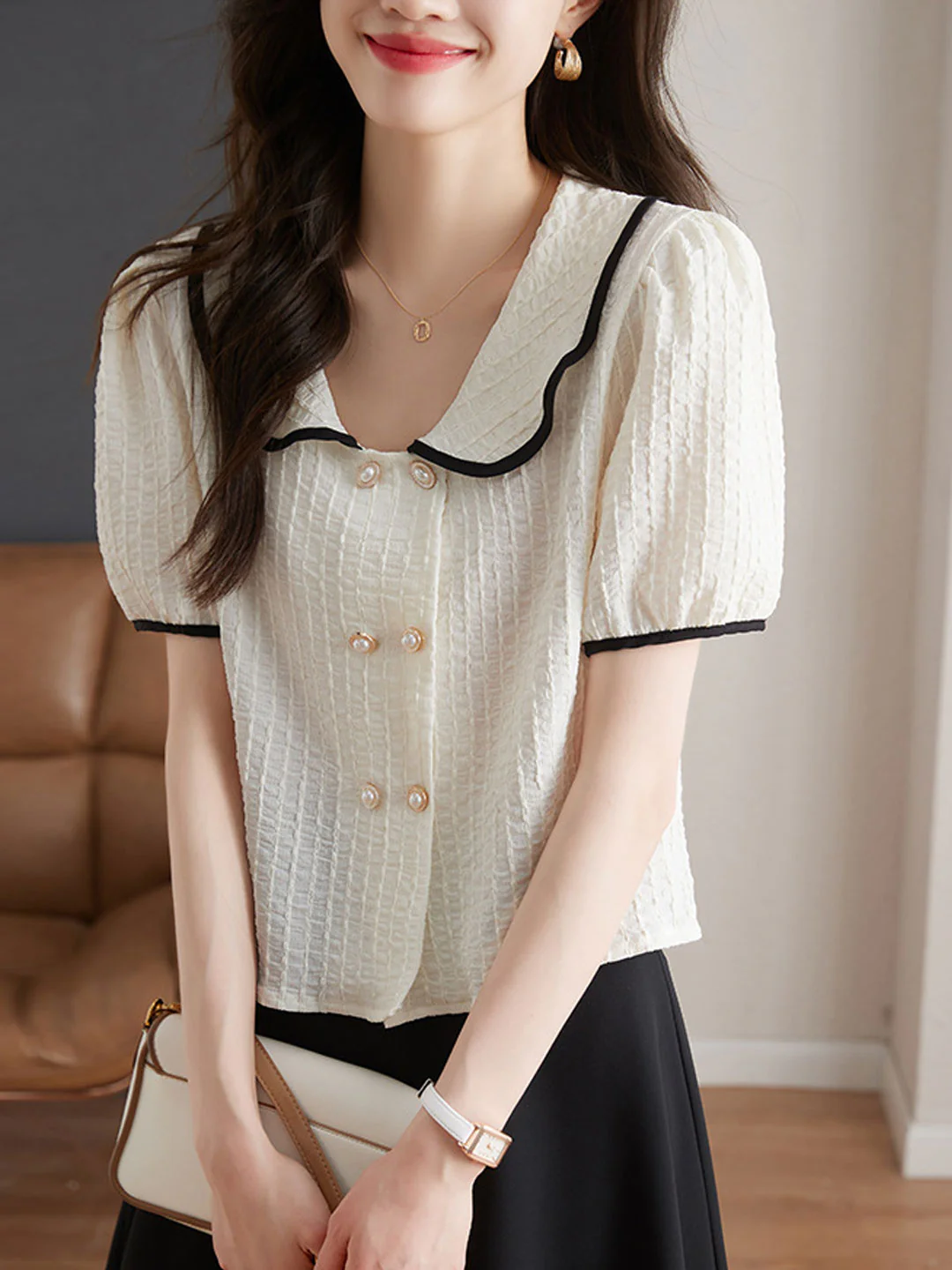 Elegant Bubble Short Sleeve Color Clash Shirt Top