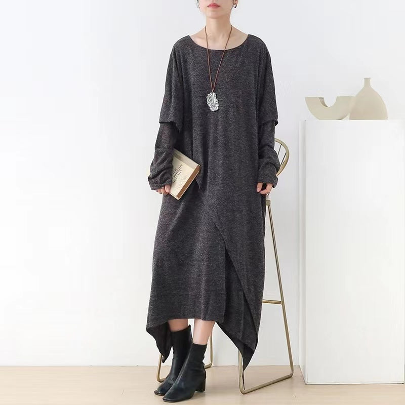 Loose Thin Gray Linen Dress Long Sleeve