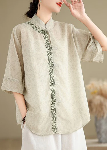 Women's Green Embroidery Printed Linen Top Summer