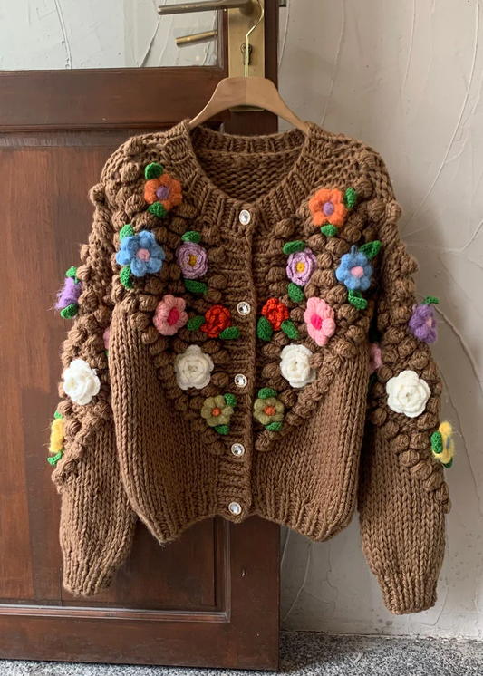 Floral Buttoned Cosy Patchwork Cotton Knit Jacket