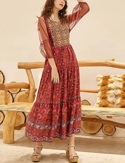 Bohemian Round Neck Patchwork Embroidered Printed Dress