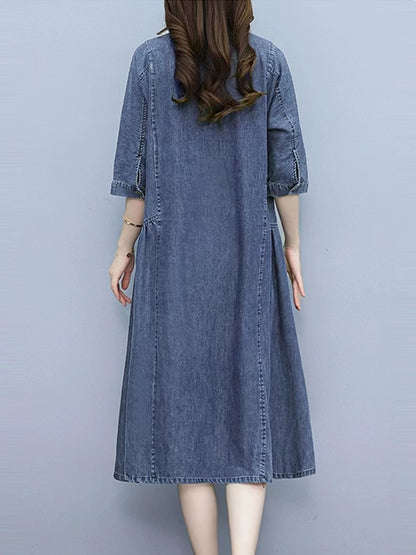 Loose Lapel A-line Half Sleeve Denim Dress