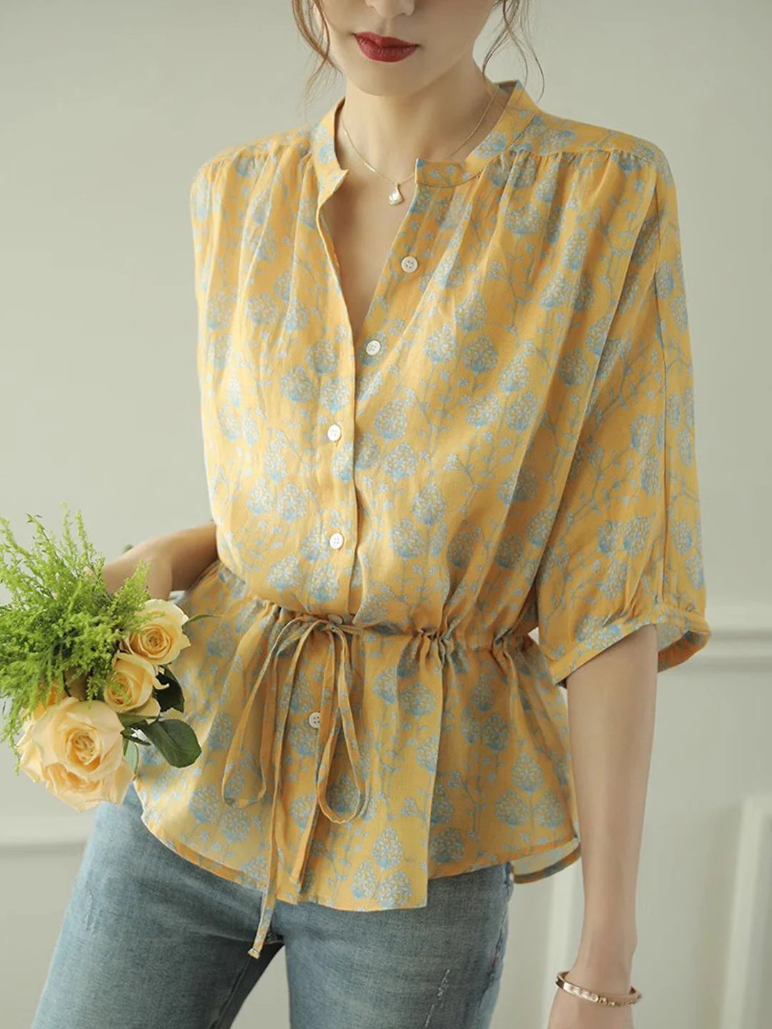 Elegant V-Neck Floral Print Cardigan Shirt Top