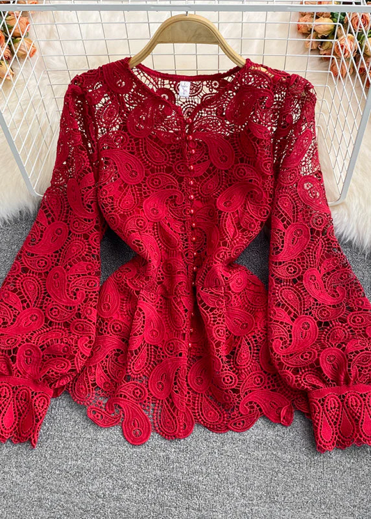 Women's Round Neck Hollow Corset Lace Top Long Sleeve Spring