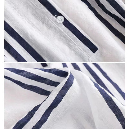 Oversized Striped Cotton Short Sleeve Shirt Top Blue