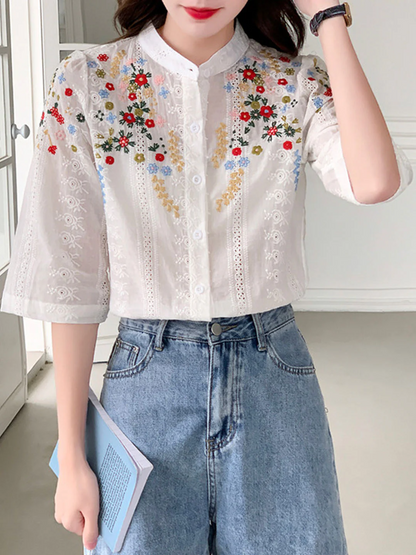 Elegant Embroidered Jacquard Short Sleeve Cardigan Shirt Top