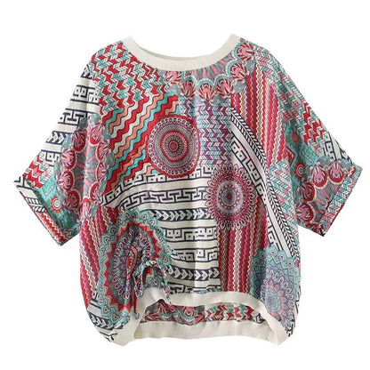 Plus Size Round Neck Printed Color Clash Bat Sleeve T-Shirt Top