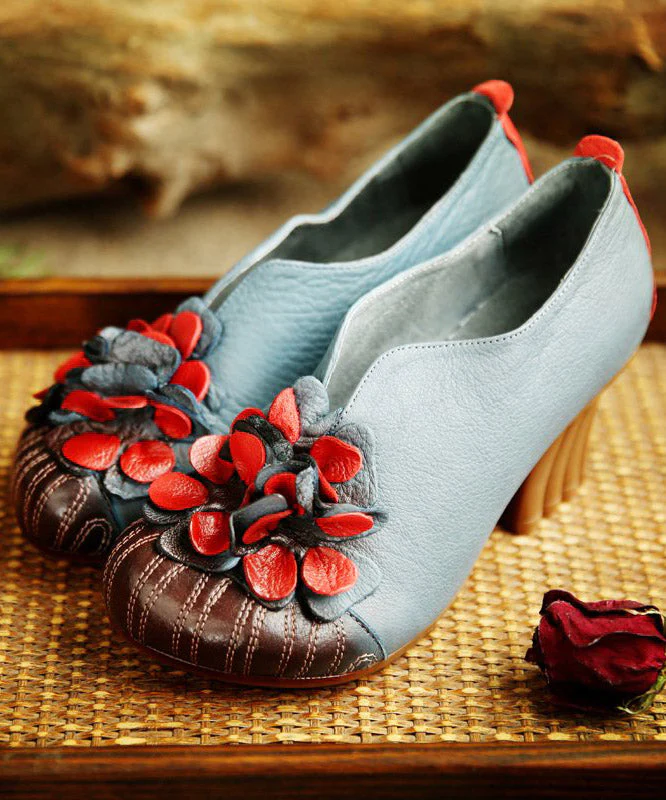 Cowhide Leather Shoes Flower Patchwork Chunky Heeled Shoes