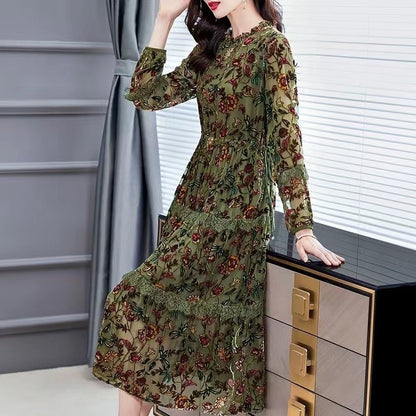 Elegant ruffled patchwork velvet mid-length dress