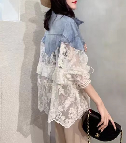 Fashion Lace Patchwork Sun Screen Denim Jacket