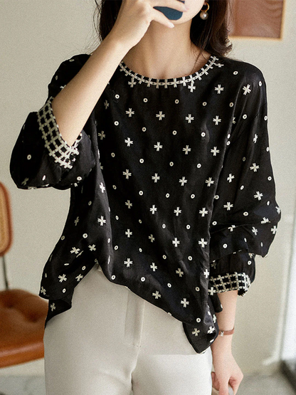 Elegant Embroidered Round Neck Bubble Long Sleeve Blouse Top