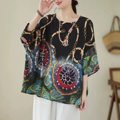 Big Size Printed Round Neck Cotton Linen Short Sleeve T-Shirt Top