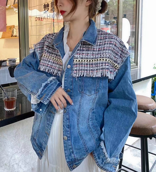 Casual Embroidered Fringe Spliced Denim Jacket