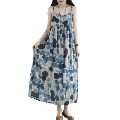 Halter Printed Polka Dot Cotton Linen Long Dress