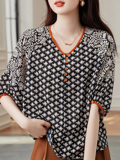 French V-Neck Printed Color Clash Long Sleeve Shirt Top