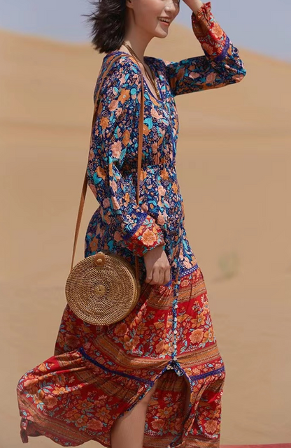 Bohemian V-Neck Button Clash Beach Long Sleeve Dress