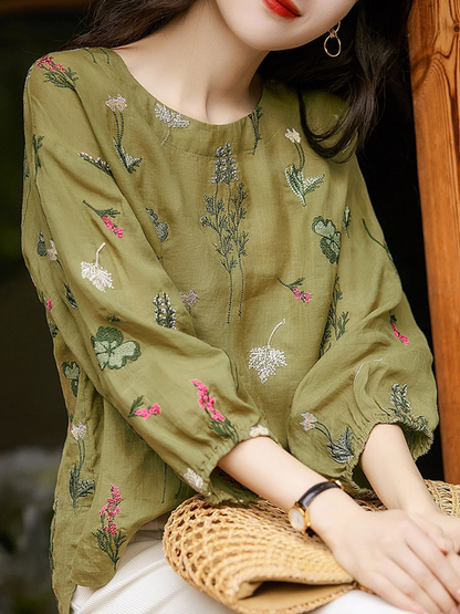 Loose Printed Embroidered Long Sleeve Top