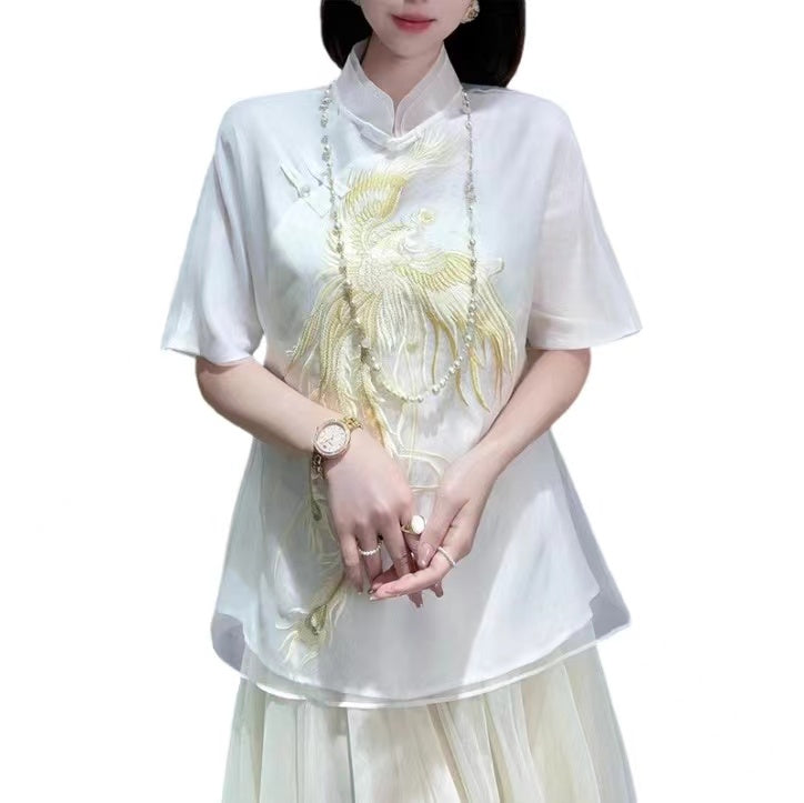 Chinese Embroidered Shirt Short Sleeve Thin Top