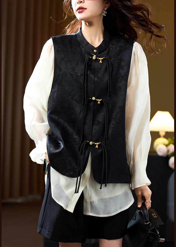 Chinese Style Silk Vest with Fringed Collar