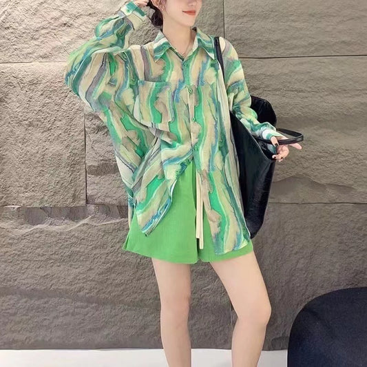 Casual Striped Floral Design Cotton Shirt Top