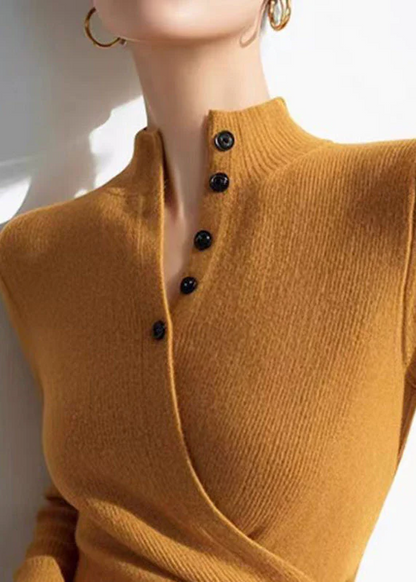 Women's Yellow V-Neck Ruched Cotton Knit Sweater