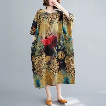 Loose Round Neck Printed Linen Dress