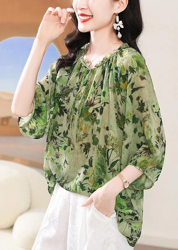 Elegant Ruffle Tie Print Short Sleeve Shirt