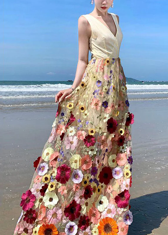 French V-Neck Tulle Embroidered Patchwork Floral Tulle Sleeveless Long Dress