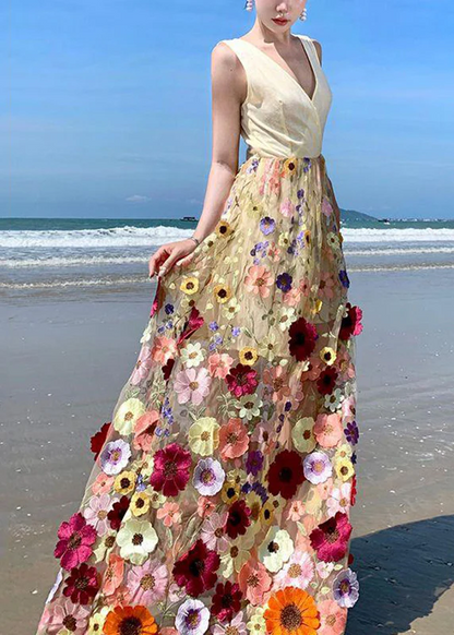 French V-Neck Tulle Embroidered Patchwork Floral Tulle Sleeveless Long Dress