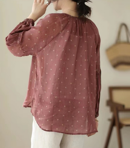 Elegant Printed Polka Dot V-Neck Linen Long Sleeve Shirt Top