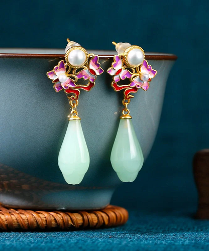 Fashion Gold Pearl Jade Butterfly Flower Earrings