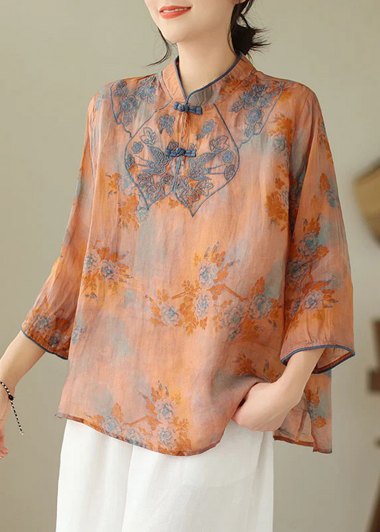 Loose Stand Collar Embroidered Printed Cotton Shirt Top