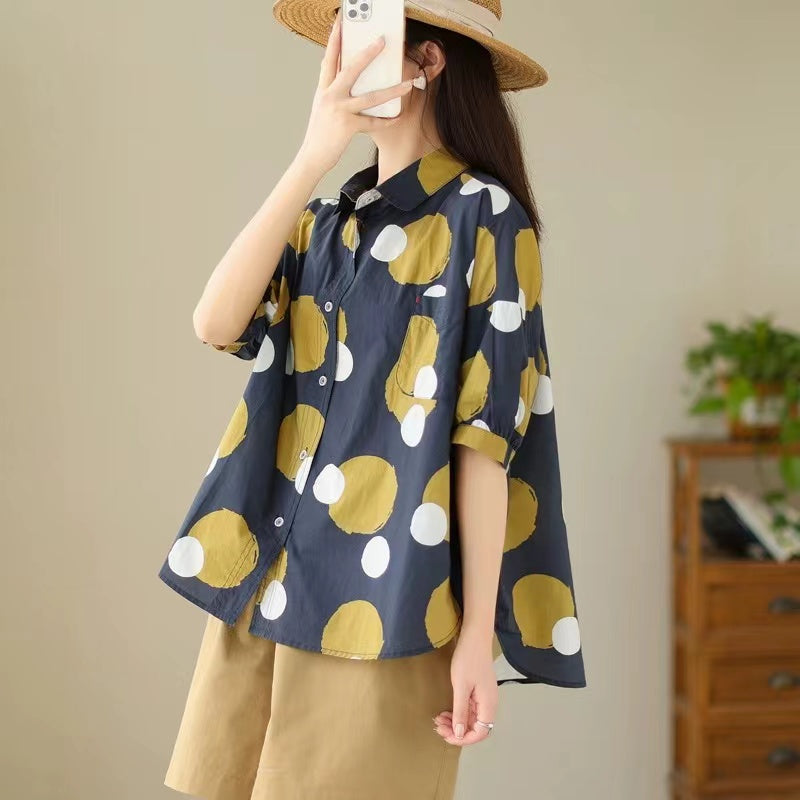 Loose Color-Collision Polka Dot Short Sleeve Lapel Shirt Top