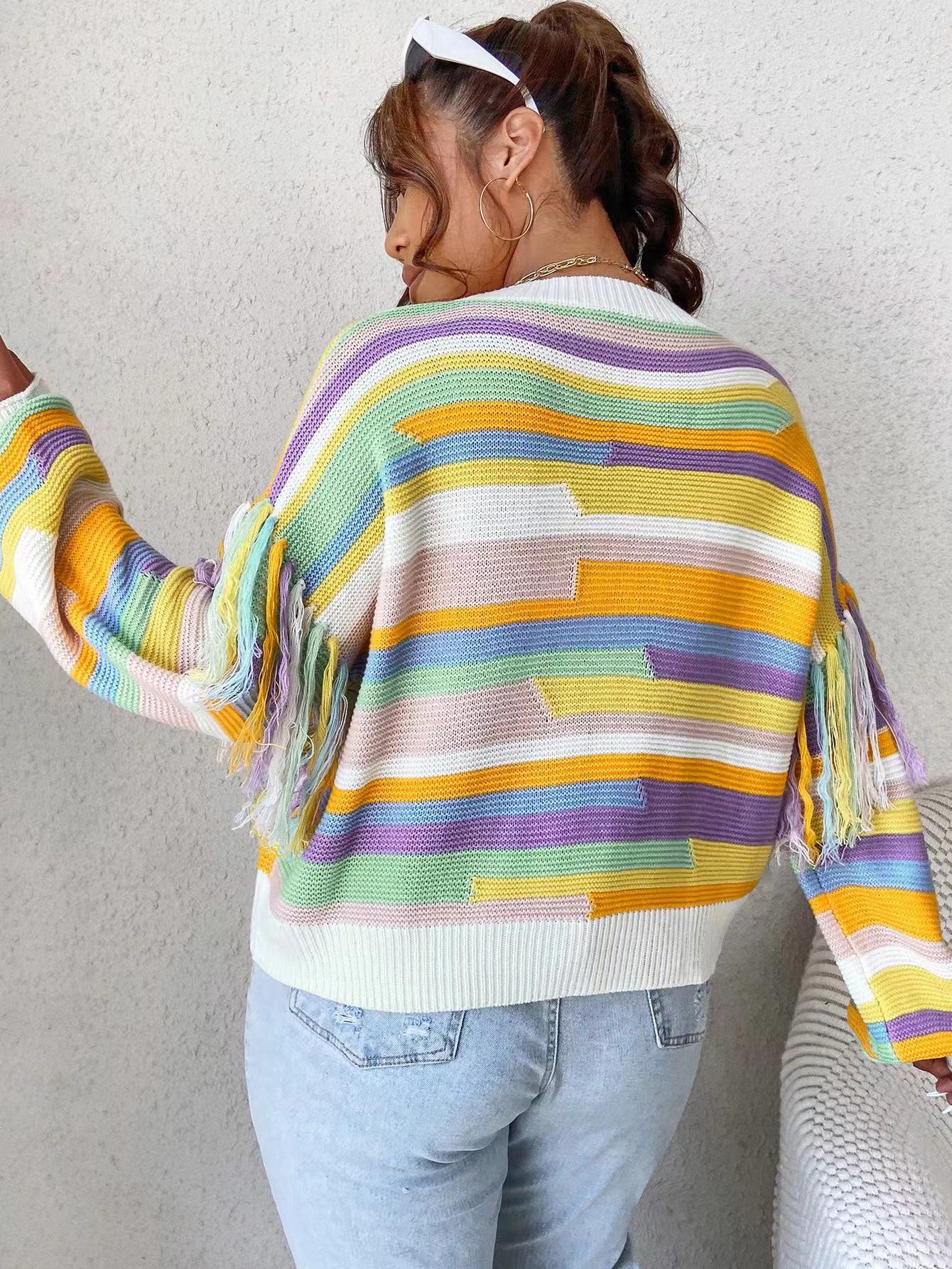 Loose Pullover Striped Fringed Knit Sweater